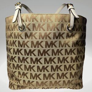 Michael Kors Tote Bag Coated Canvas MK Logo Brown with White Straps